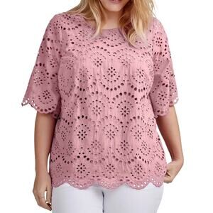 Ellos Eyelet Blouse Top With Scalloped Hem Pink Feminine Elbow Length Sleeve 22